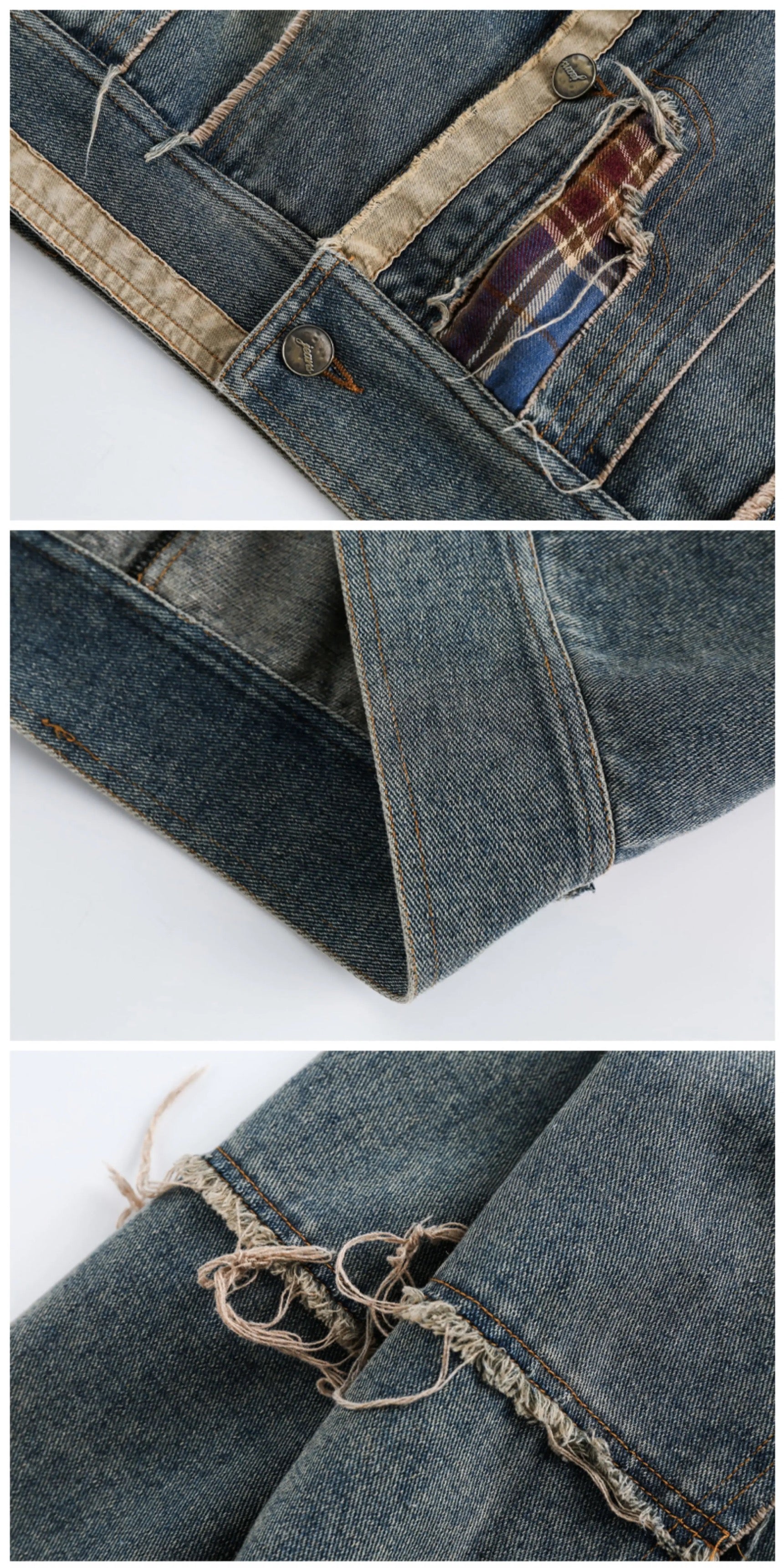 Men’s Vintage American Patchwork Frayed Denim Jacket – Distressed Retro Streetwear Outerwear T0039