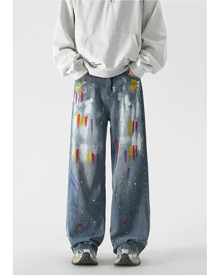 Men’s Graffiti Denim Jeans – Vintage American High Street Painted Streetwear Pants B0058