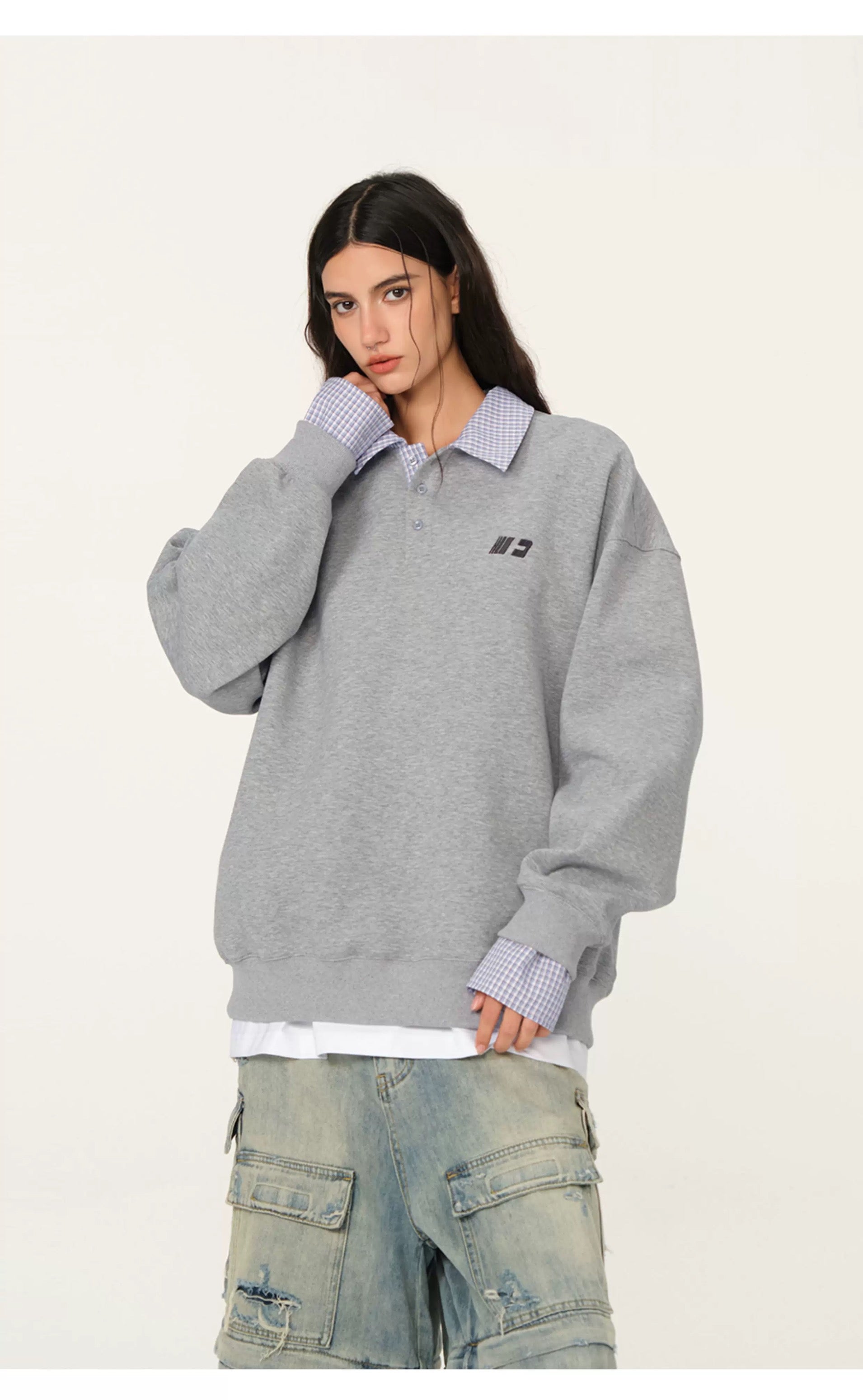 Men’s Layered Polo Sweatshirt – Air Layer Fabric Retro Street Pullover S0041