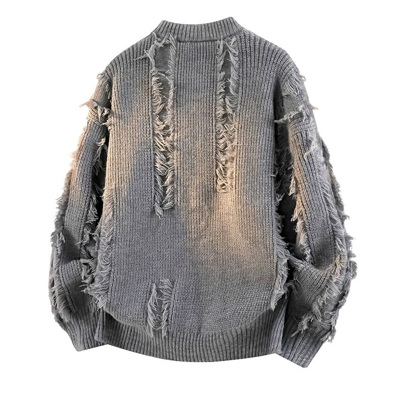 Men’s Fringe Knit Sweater Autumn Loose Fit Casual Pullover High-End Textured Knitwear T0069