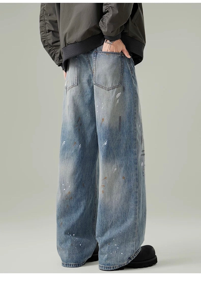 Men’s Paint-Splatter Washed Jeans – Vintage American Street Art Denim Pants B0055