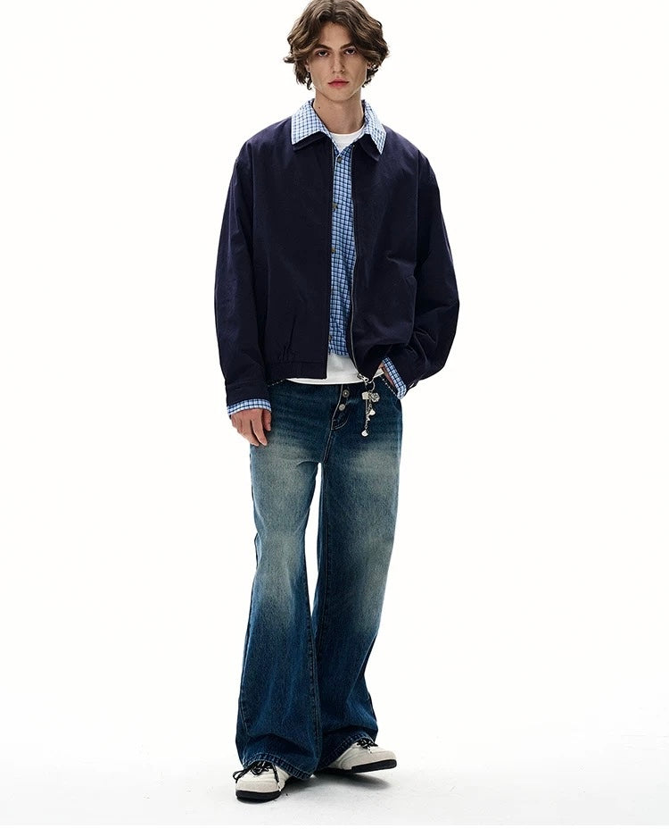 Men’s Vintage Plaid Patchwork Layered Jacket – American Retro Fake Two-Piece Streetwear Coat T0042