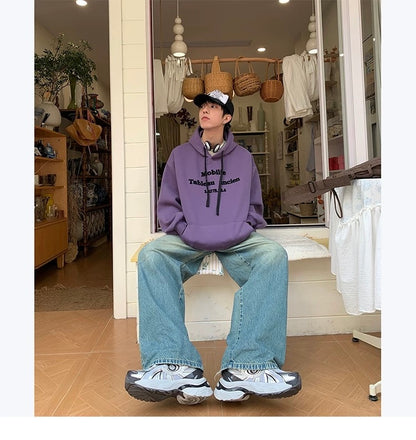 Men’s Vintage Brushed Embroidery Hoodie – Retro American Streetwear Pullover T0202