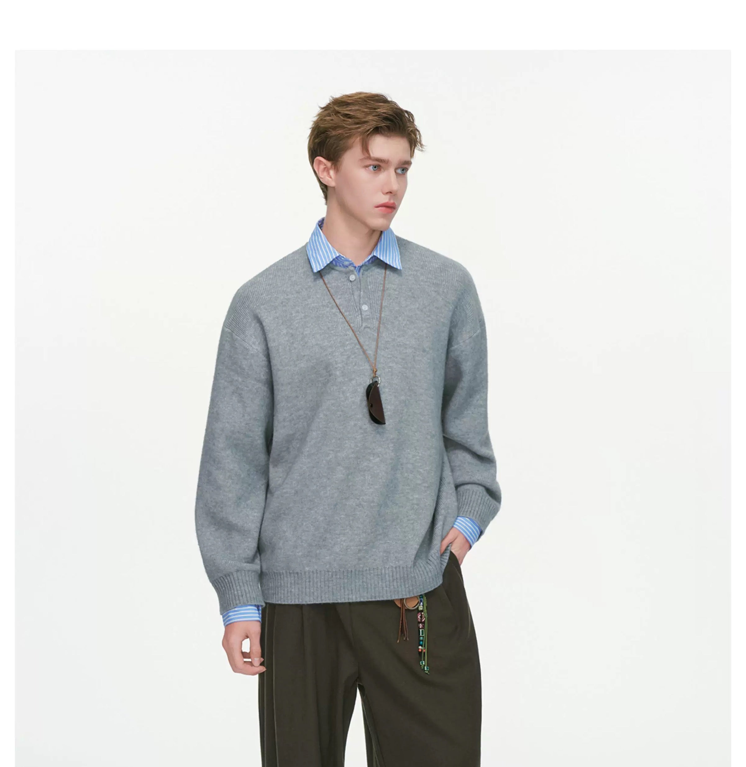 Men’s Layered Stripe Collar Sweatshirt – Vintage Preppy Street Pullover S0045