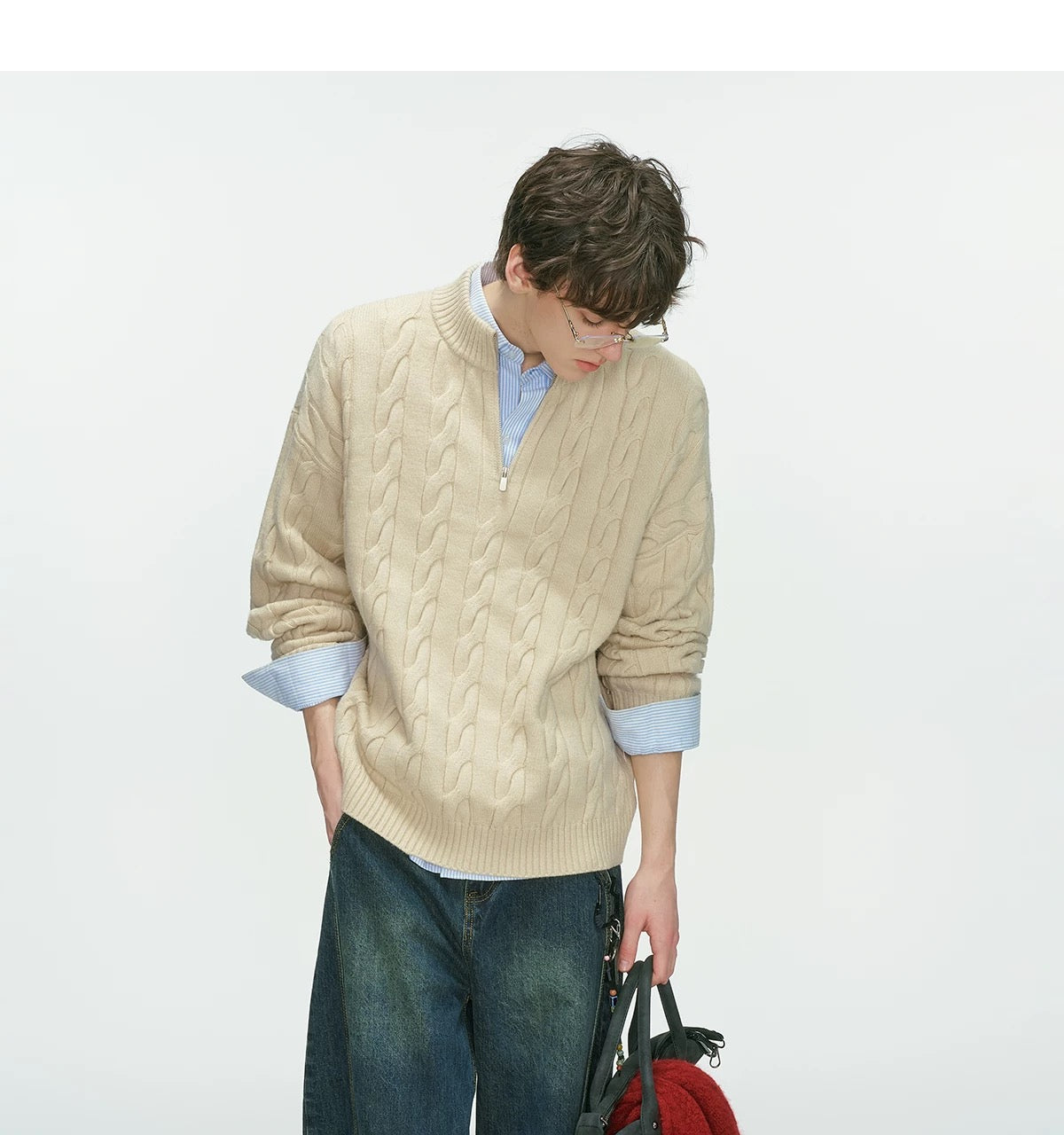 Men’s Old Money Half-Zip Cable Knit Sweater – Vintage Preppy Pullover Knitwear S0048