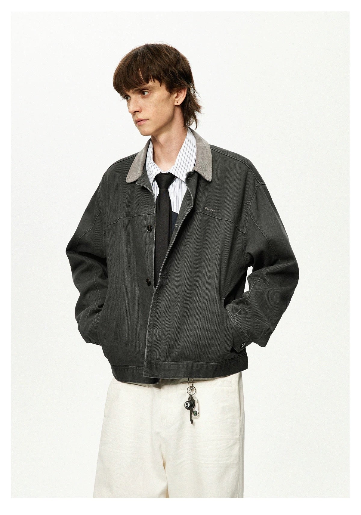 Men’s Color-Block Workwear Jacket – American Retro Contrast Collar Utility Outerwear T0064