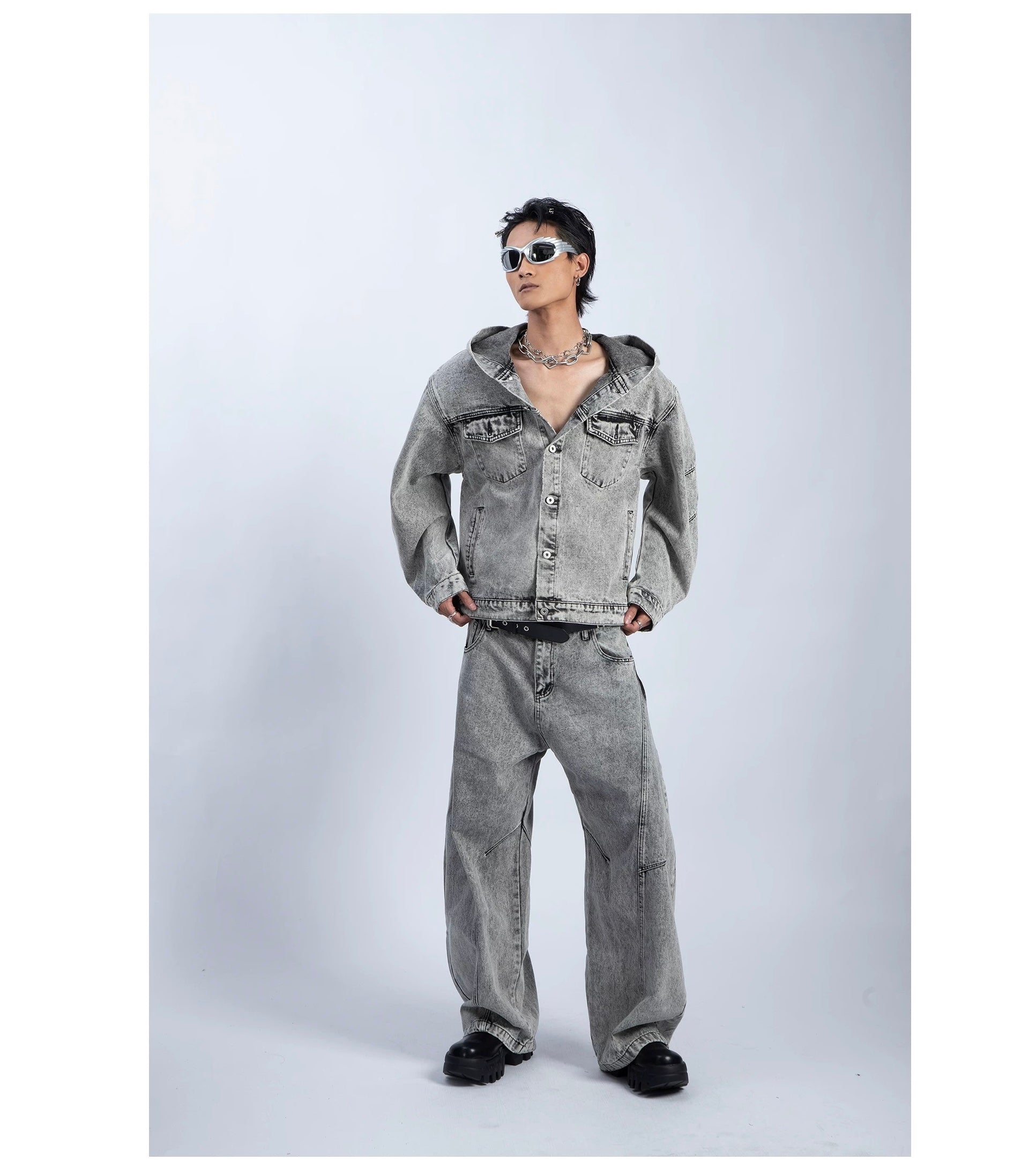 Men’s Deconstructed Distressed Denim Hoodie Jacket – Vintage Heavywork Streetwear Outerwear T0043