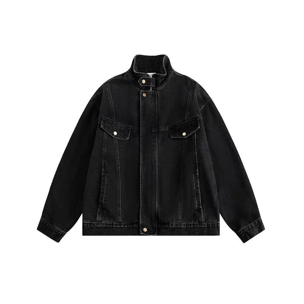 Men’s Vintage Washed Denim Jacket – American Retro Distressed Streetwear Outerwear T0046