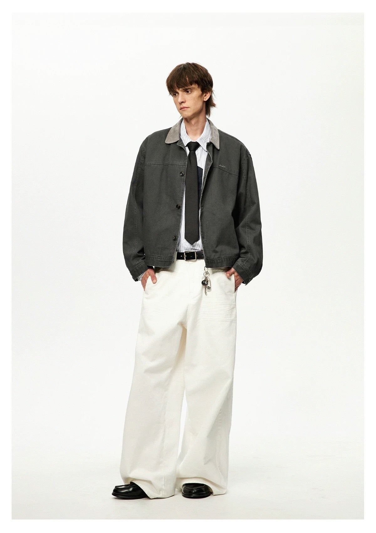 Men’s Color-Block Workwear Jacket – American Retro Contrast Collar Utility Outerwear T0064