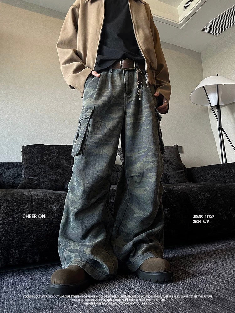 Heavyweight Vintage Camo Cargo Pants - Wide-Leg Relaxed Fit with Patchwork Pockets (Unisex Streetwear) B0104