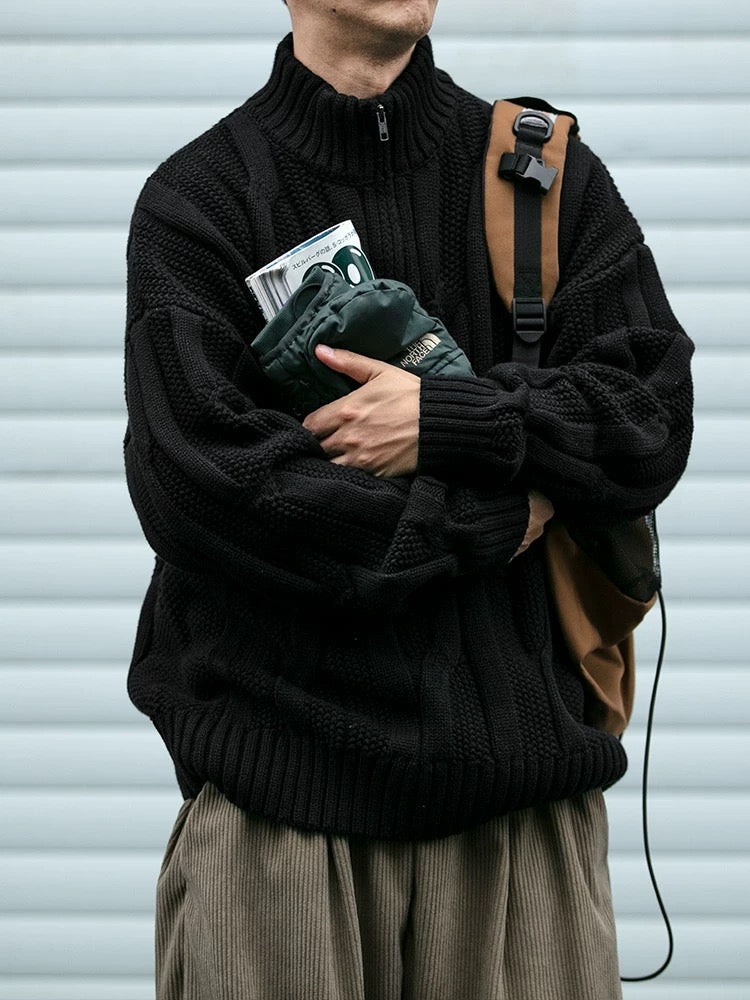 Suéter grueso de punto trenzado con cuello alto - Chaqueta gruesa estilo americano vintage con media cremallera T0015