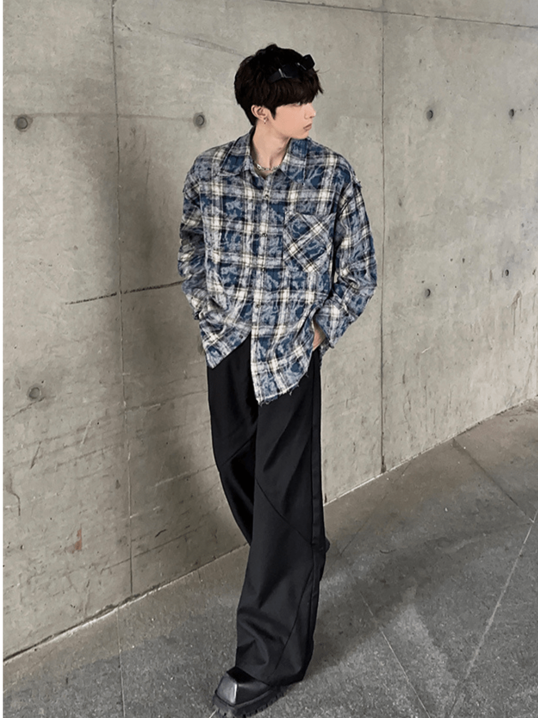 [JM HOMME] distressed raw edge plaid shirt J0112