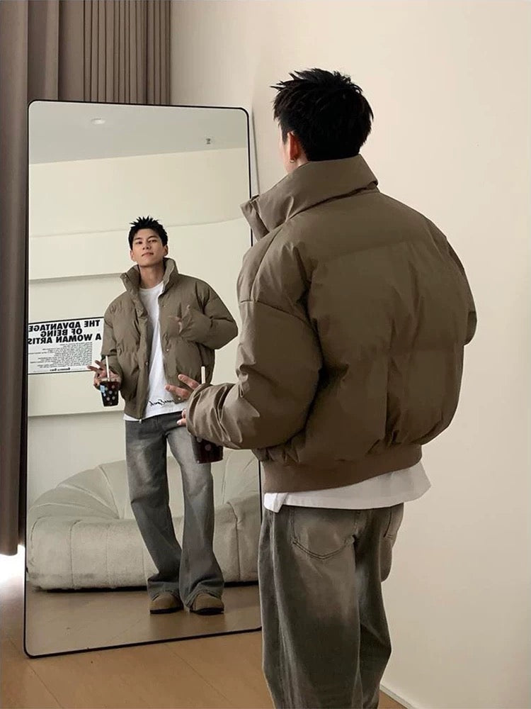 Men’s Short Stand Collar Down Jacket – Minimal Clean Fit Streetwear Puffer T0049