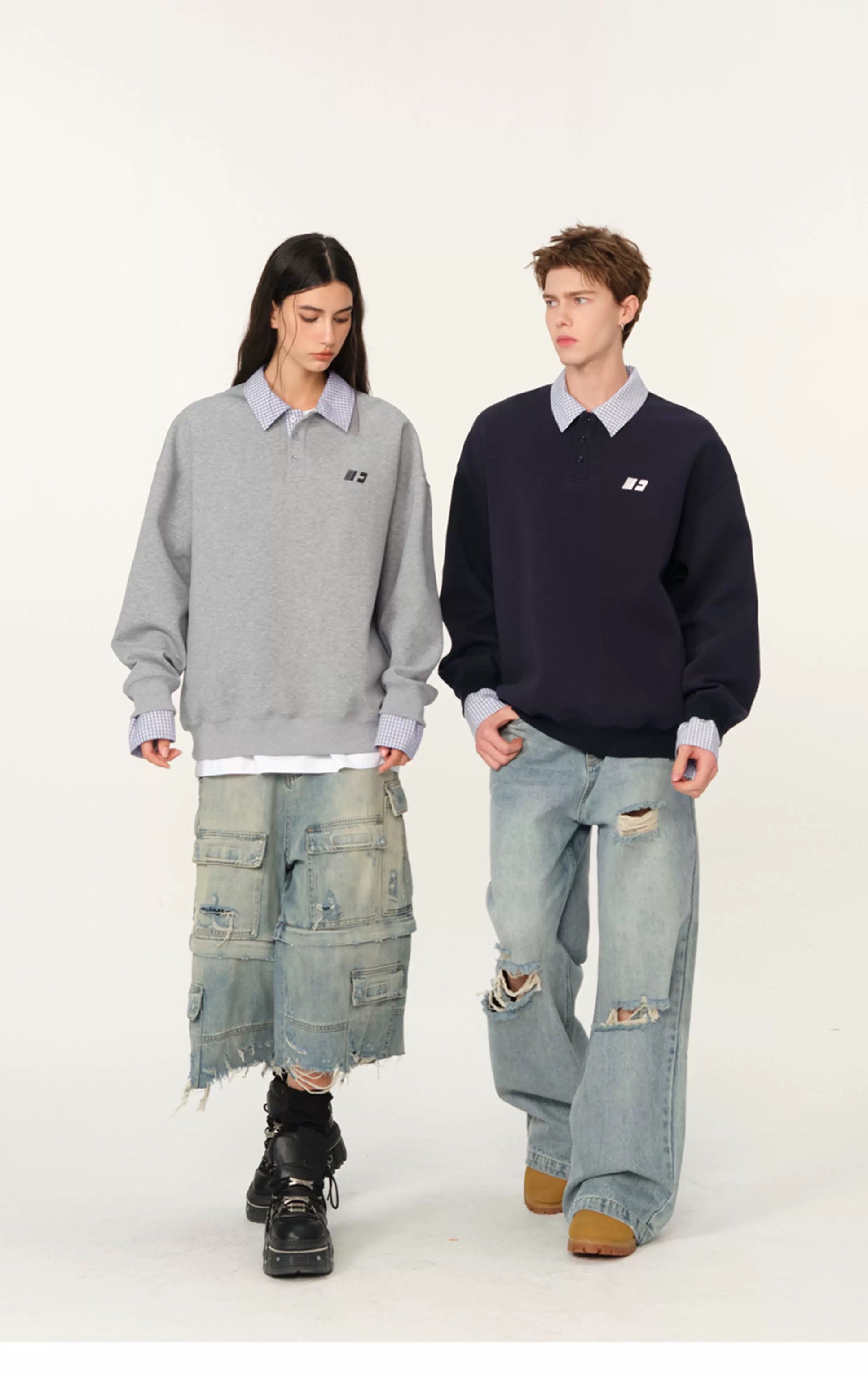 Men’s Layered Polo Sweatshirt – Air Layer Fabric Retro Street Pullover S0041