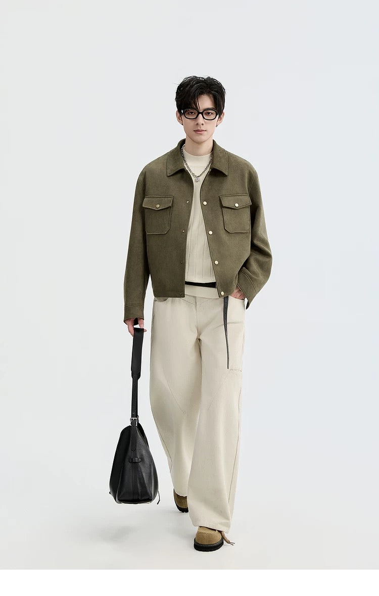 Chaqueta retro premium de ante sintético con solapa para hombre - Top corto informal para otoño T0039