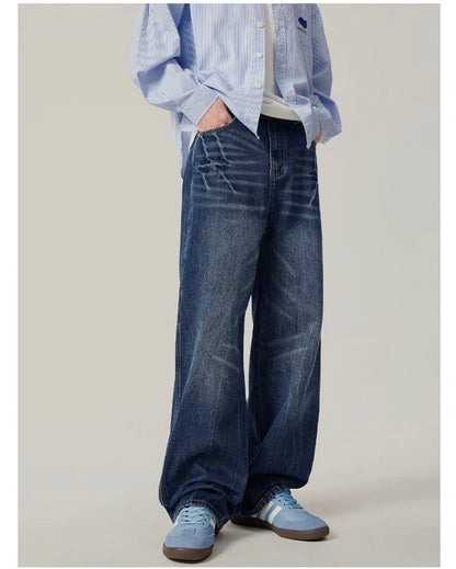 Men’s Vintage Washed Wide-Leg Jeans – American Retro Streetwear Denim T0138