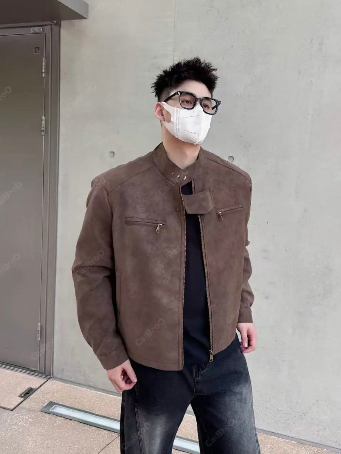 [DAZHONGMA] DYED CROPPED FAUX LEATHER JACKET T0183