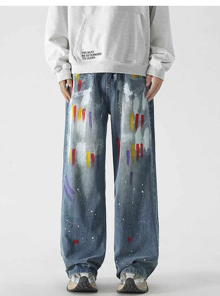 Men’s Graffiti Denim Jeans – Vintage American High Street Painted Streetwear Pants B0058