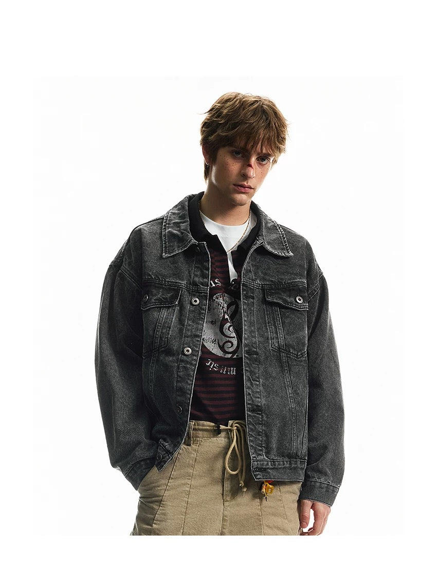 Men’s Vintage Washed Denim Jacket – American Retro Distressed Streetwear Outerwear T0052