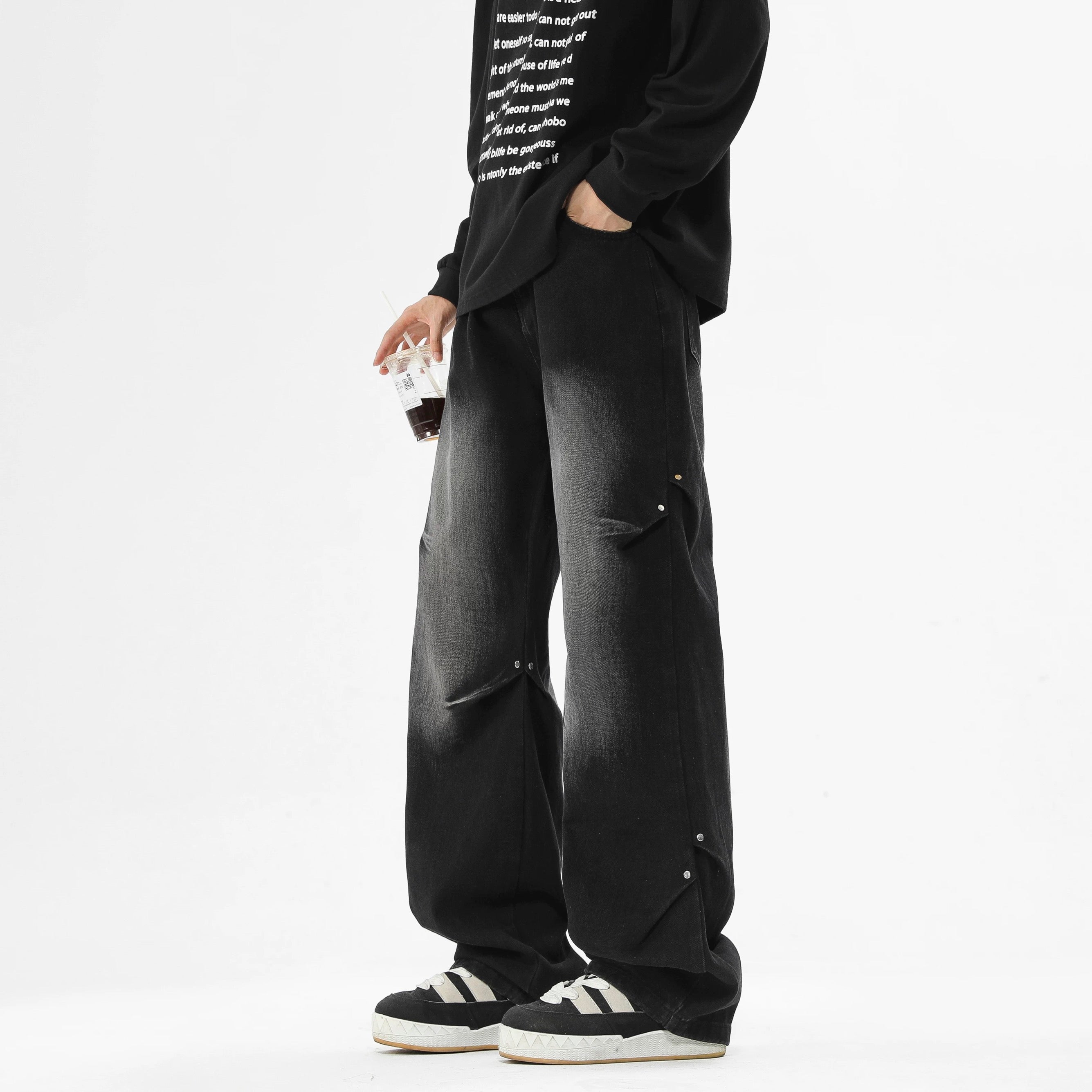 American Street Rivet Patchwork Straight-Leg Jeans Fe0501