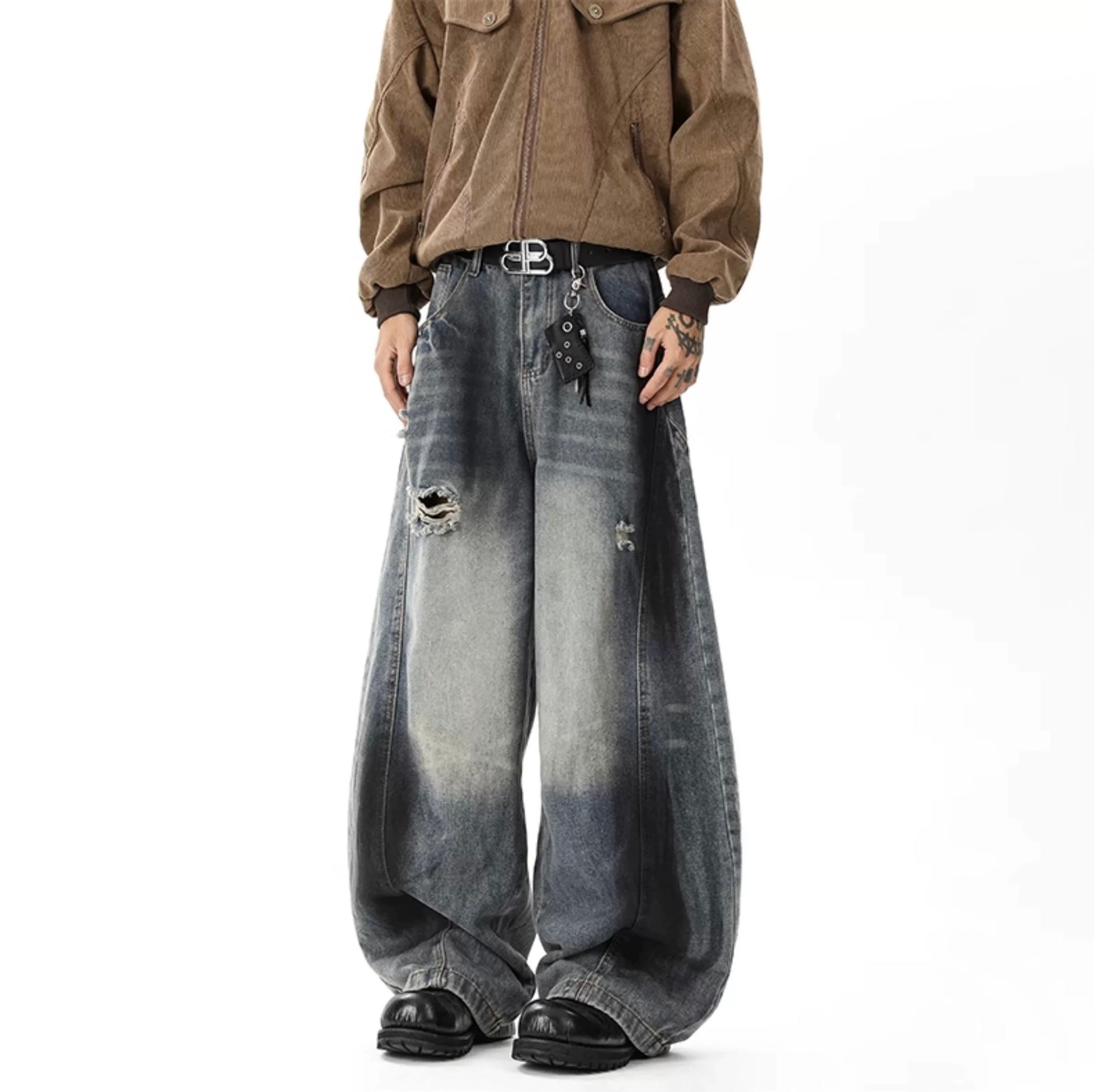 Vaqueros americanos rotos con corte curvo para hombre – Pantalones vaqueros de pierna ancha estilo streetwear vintage B0090