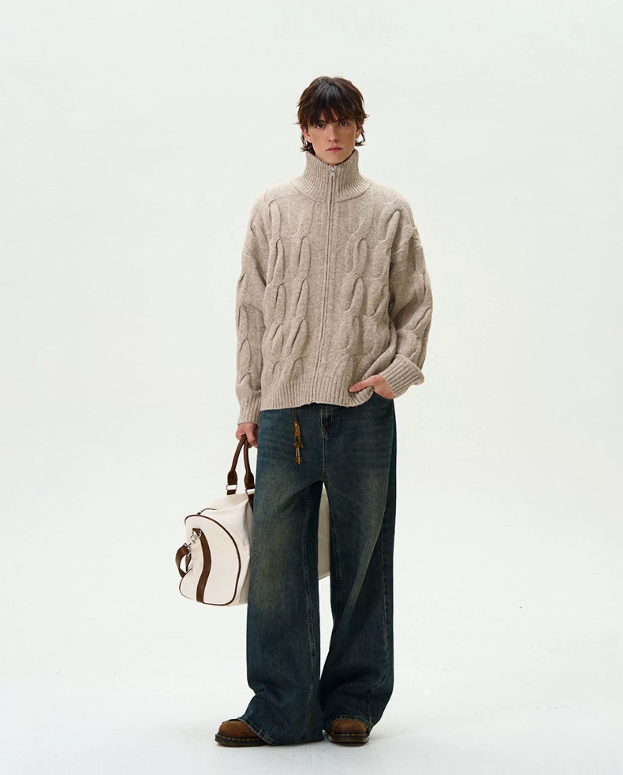 Vintage Cable Knit Turtleneck Sweater – American Retro Textured Pullover for MenS0026