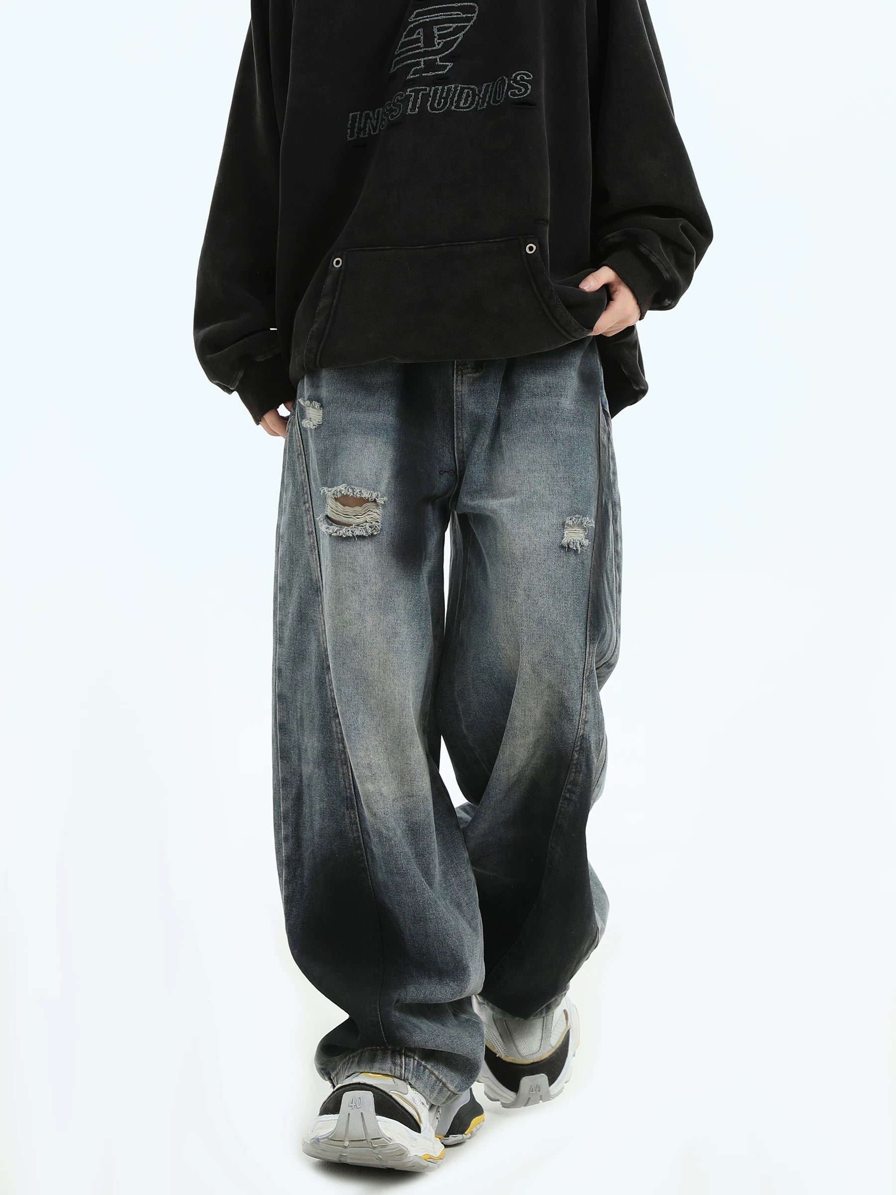 Men’s Graffiti Washed Distressed Jeans – Vintage American High Street Denim Pants B0059