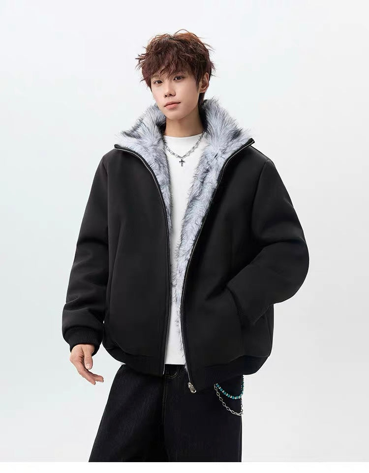 Men’s High-Neck Plush Fur Winter Jacket T0249