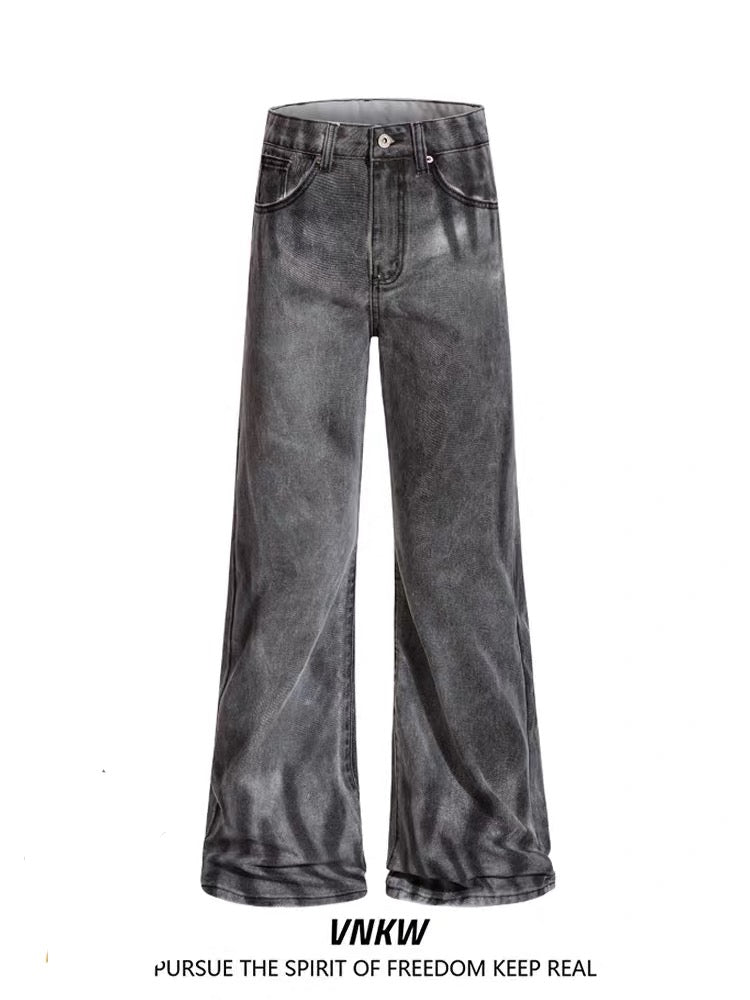 Men’s Smoke Washed Vintage Jeans – Distressed American Street Denim Pants B0066