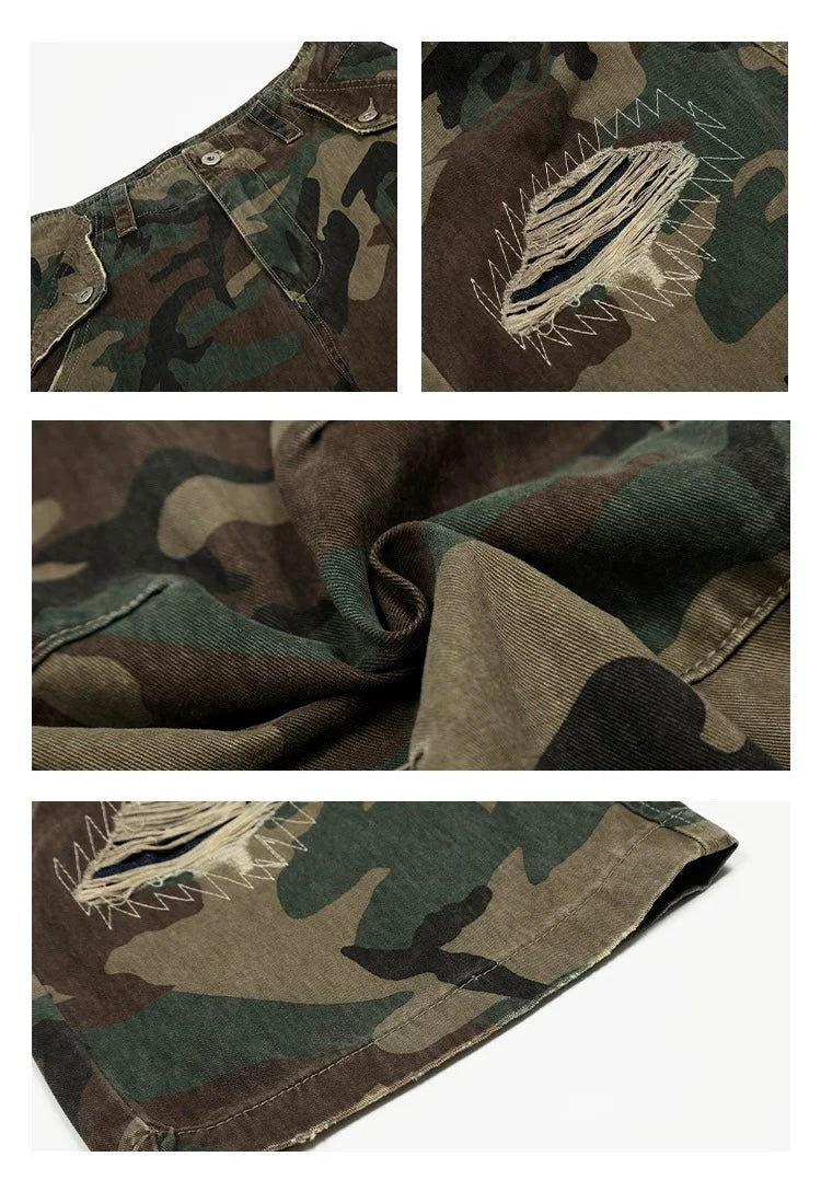 American Distressed Patchwork Camo Cargo Pants – Vintage Rugged Streetwear B0040