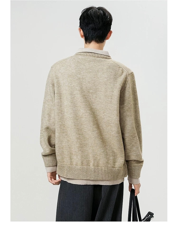 Vintage Layered Knit Sweater – Retro Patchwork Two-in-One Pullover for Men S0027