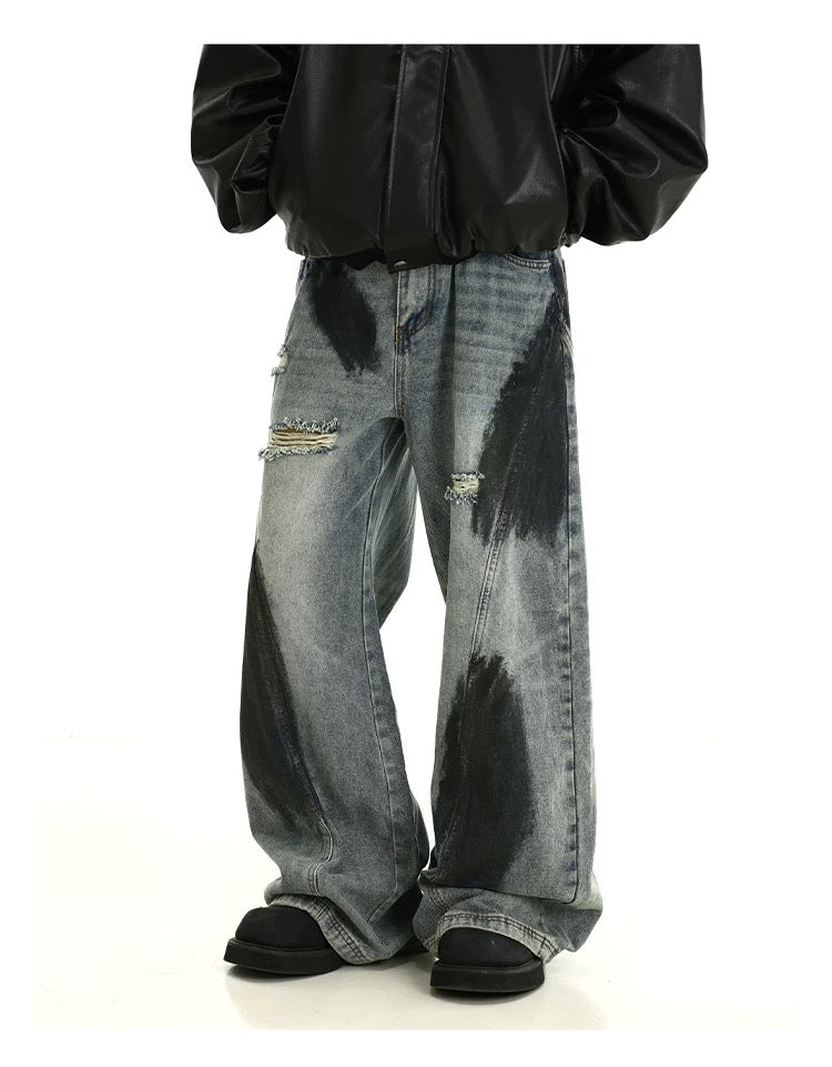 Men’s Graffiti Washed Distressed Jeans – Vintage American High Street Denim Pants B0059