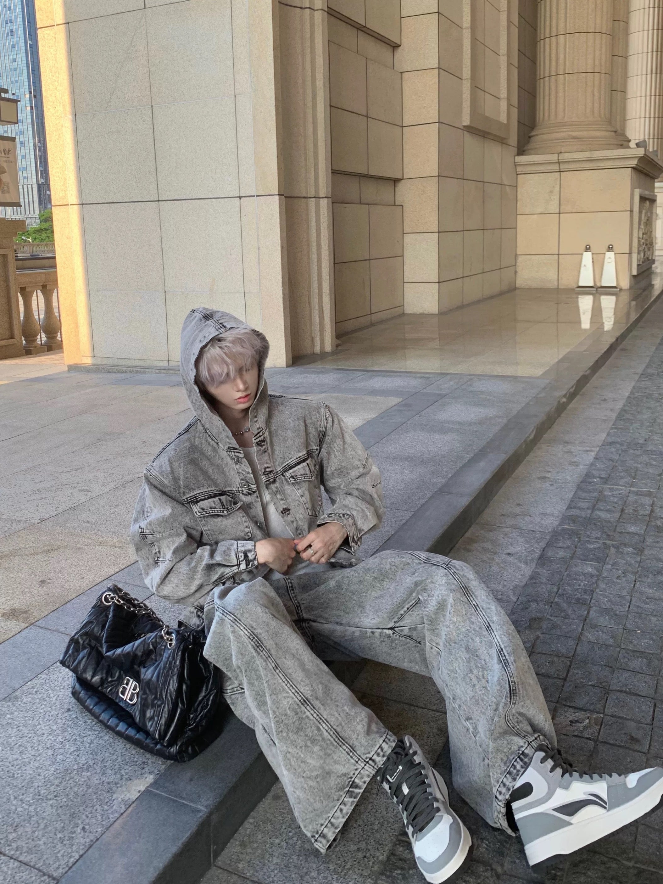 Men’s Deconstructed Distressed Denim Hoodie Jacket – Vintage Heavywork Streetwear Outerwear T0043