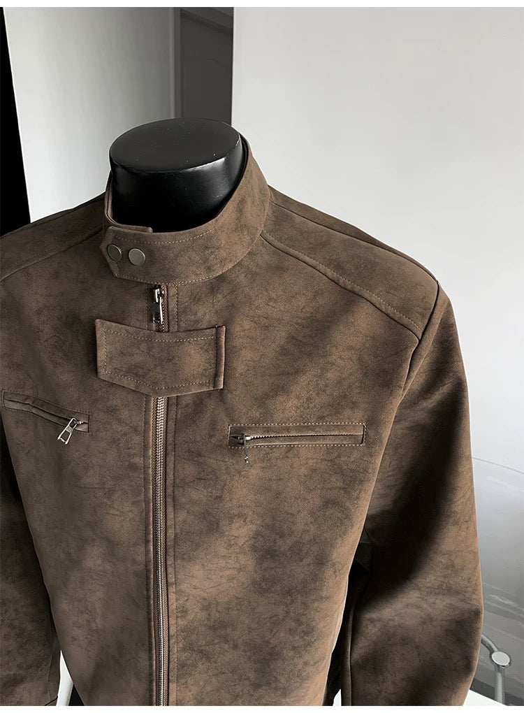 Chaqueta vintage de piel sintética con efecto tie-dye para hombre, cuello alto, estilo urbano, T0078