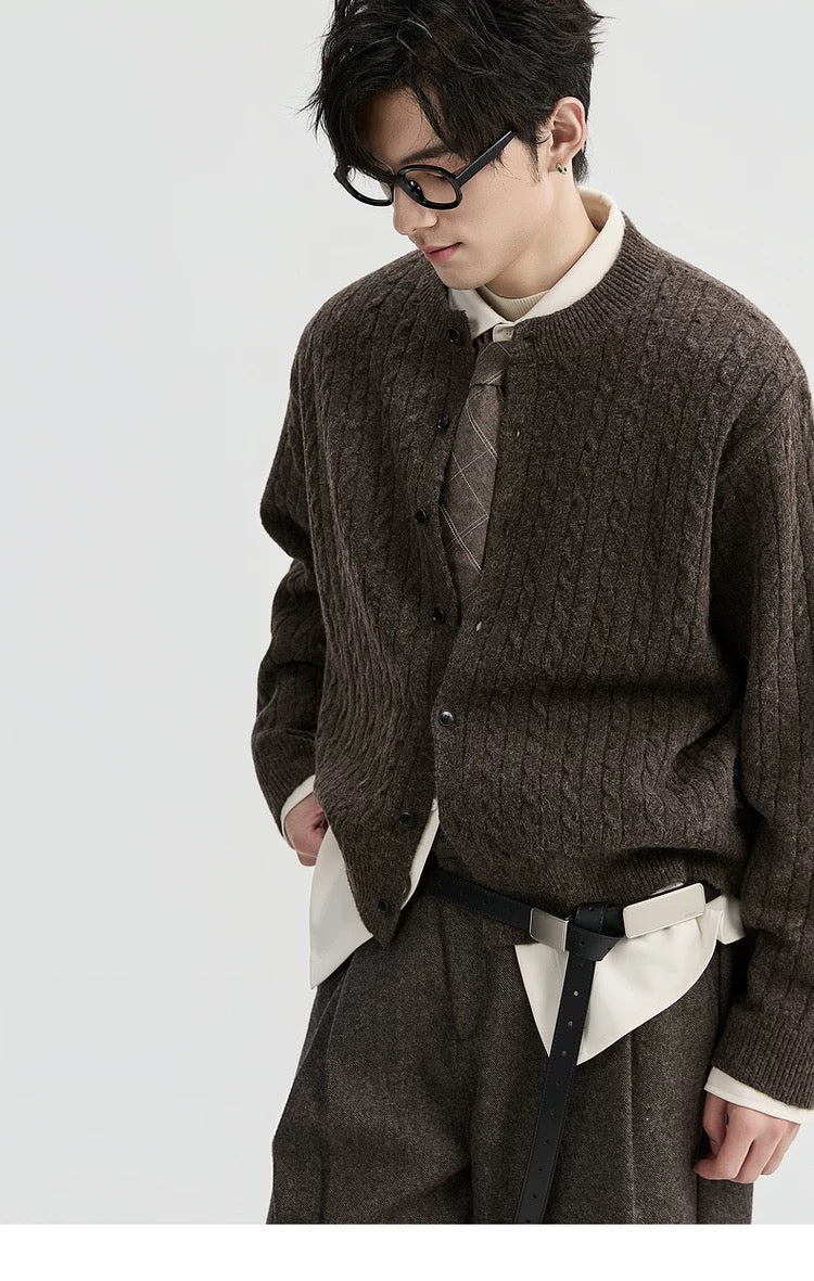 Jacquard Retro-Style Henry Neck Sweater Cardigan for Men - Wool-Blend Knitted Outerwear for Autumn & Winter T0038