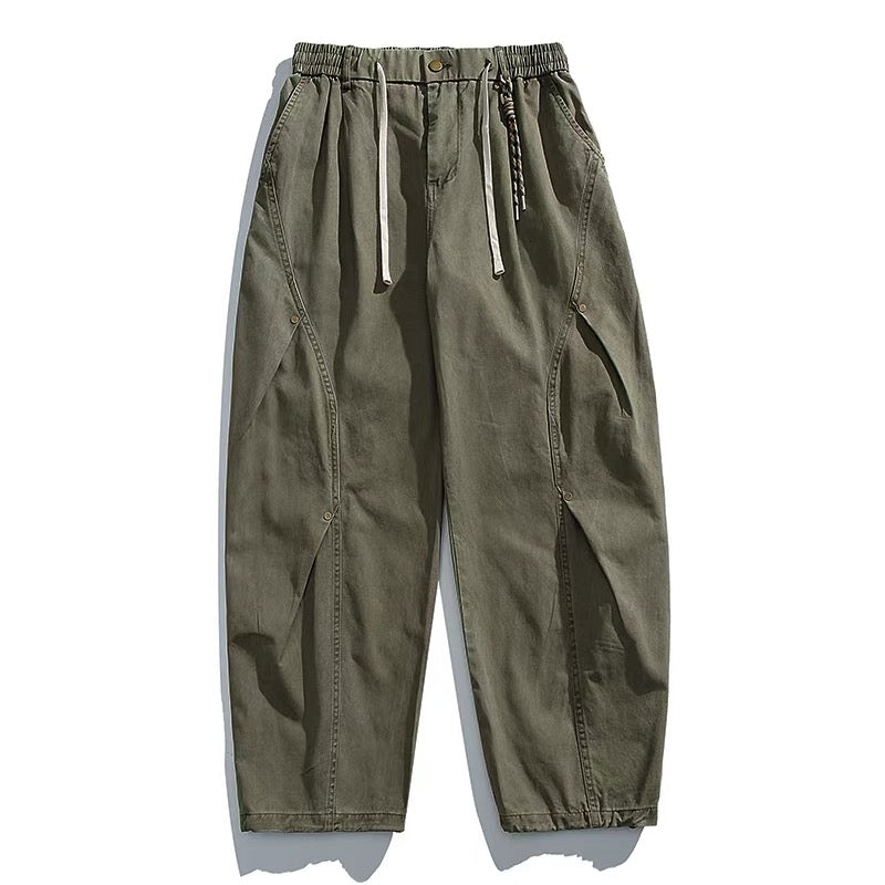 ヴィンテージアメリカンヘビーウォッシュダブルプリーツカーゴパンツ（リベット付き）、バギーワイドレッグドローストリングカジュアルジョガーパンツ T0011