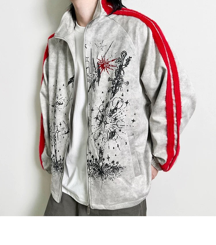 メンズ プリント カラーブロック フリースジャケット - レトロ パッチワーク ストリートウェア アウターウェア T0037