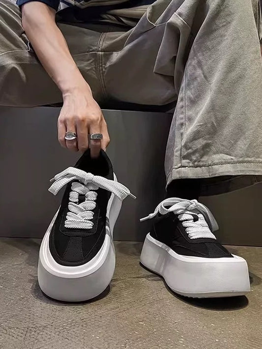 Chunky Black & White Skate Shoes - Breathable Round-Toe Canvas Platform Sneakers (Minimalist Unisex Casual Wear) S0008