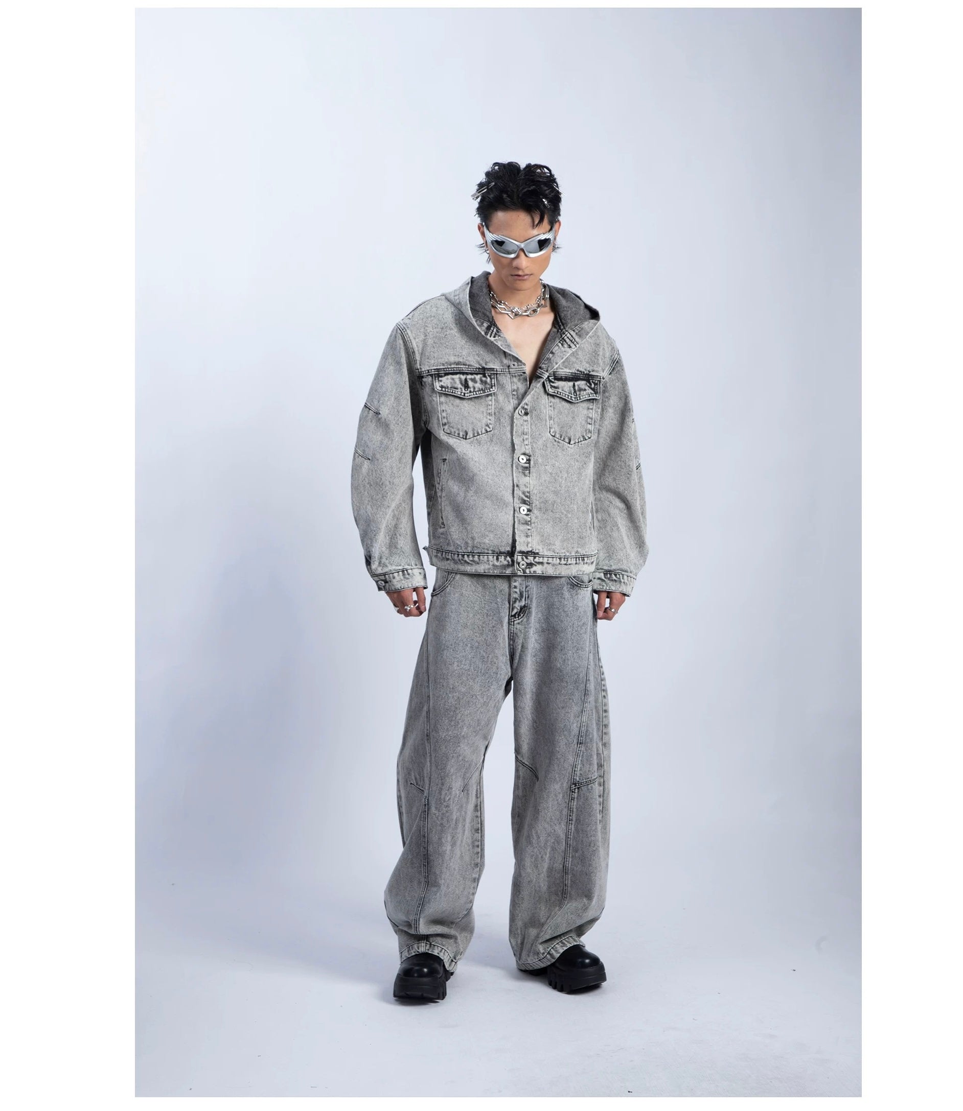 Men’s Deconstructed Distressed Denim Hoodie Jacket – Vintage Heavywork Streetwear Outerwear T0043