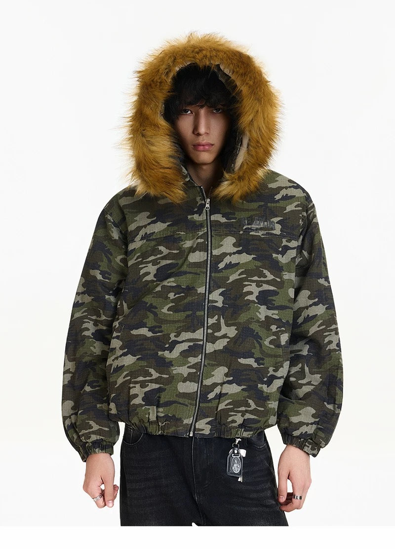 Men’s Vintage Camo Fur Hooded Puffer Jacket – American Retro Winter Street Coat T0056