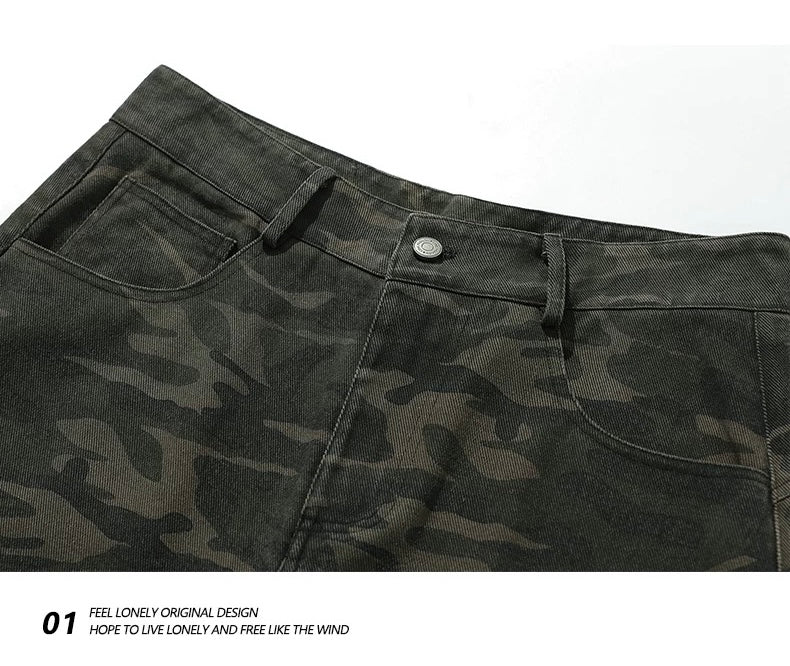 Men’s Camo Multi-Pocket Cargo Jeans – American Street Utility Denim Pants B0068
