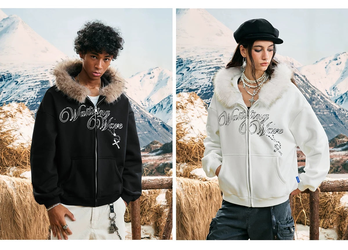 Vintage Graphic Fleece Hoodie with Faux Fur Collar T0029