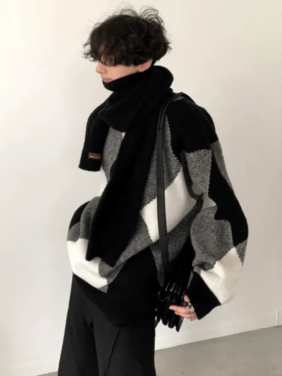 [AUTUMNWIND] BLACK AND WHITE HIGH-END DESIGN TURTLENECK SWEATER S0181