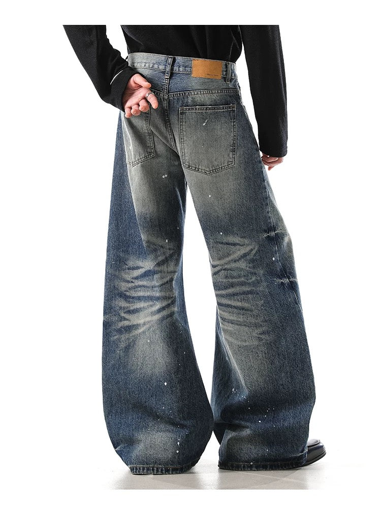 Men’s American Washed Splatter Blade-Cut Jeans – Vintage Distressed Streetwear Denim B0047