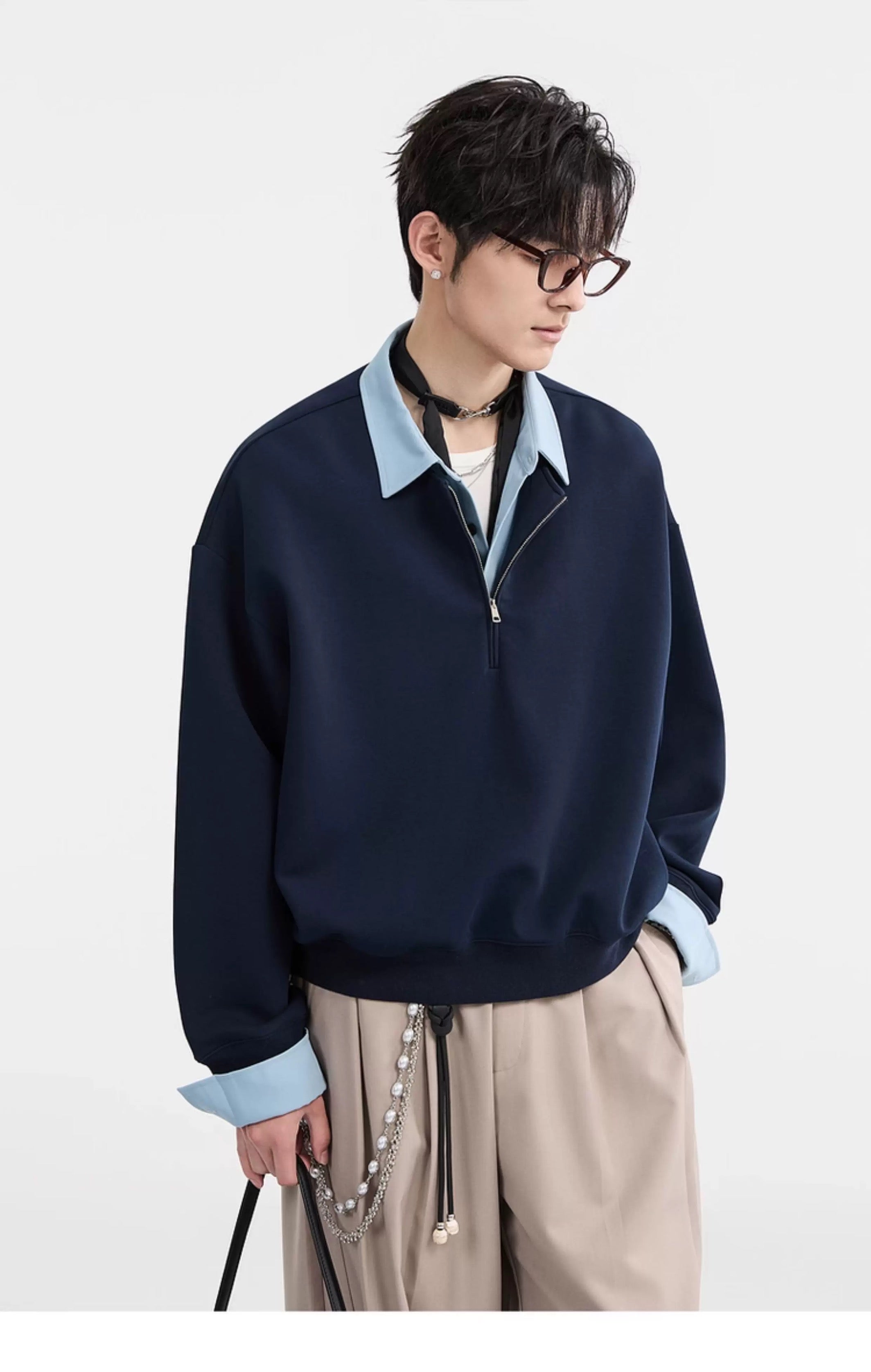 Sudadera con cuello camisero y bloques de color - Jersey extragrande Cleanfit con media cremallera para hombre T0047