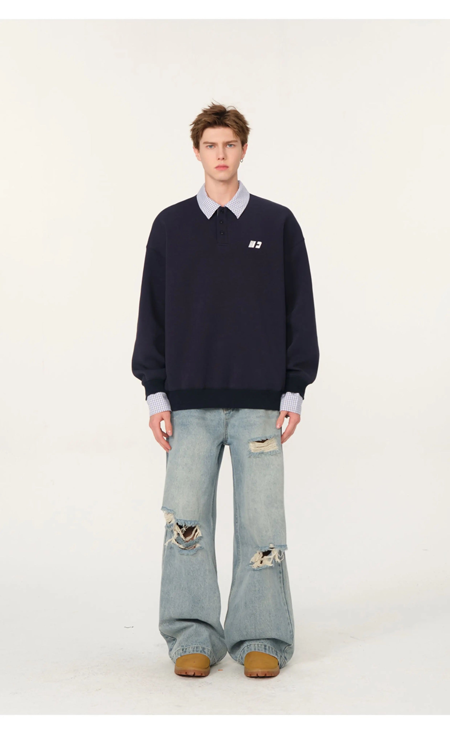 Men’s Layered Polo Sweatshirt – Air Layer Fabric Retro Street Pullover S0041