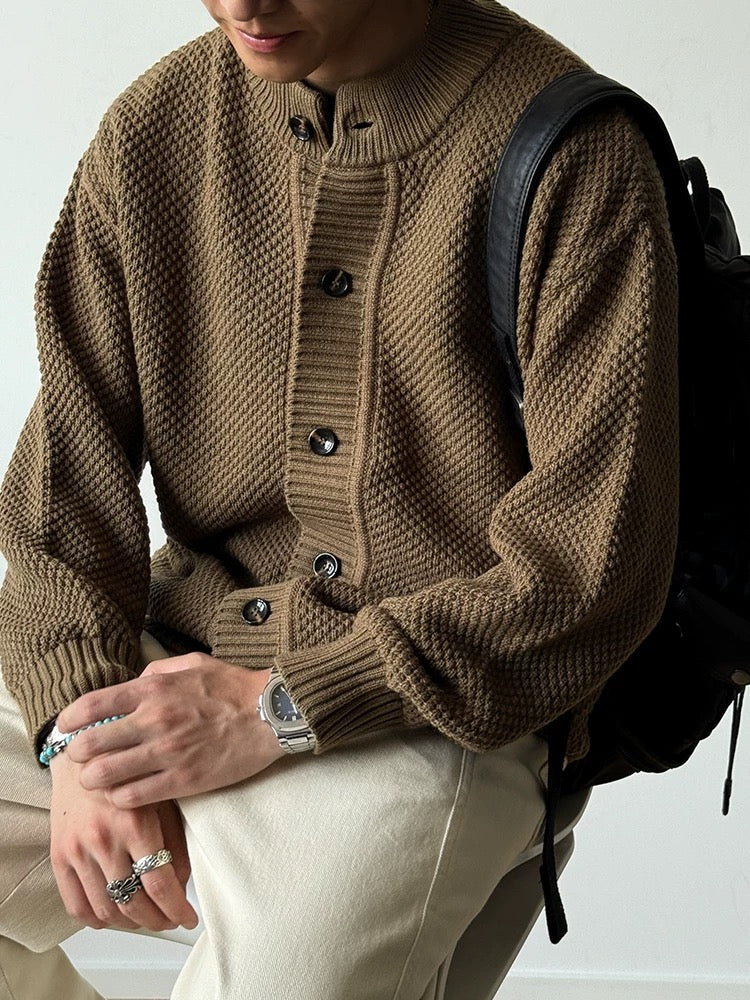 750g Heavyweight Pineapple Knit Cardigan - Men's Solid Color Relaxed Fit Minimalist Knit Jacket T0021