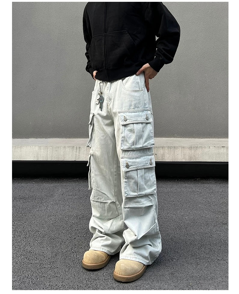 Men’s American Street Style Light Wash Multi-Pocket Jeans – Vintage Cargo Denim Pants B0053