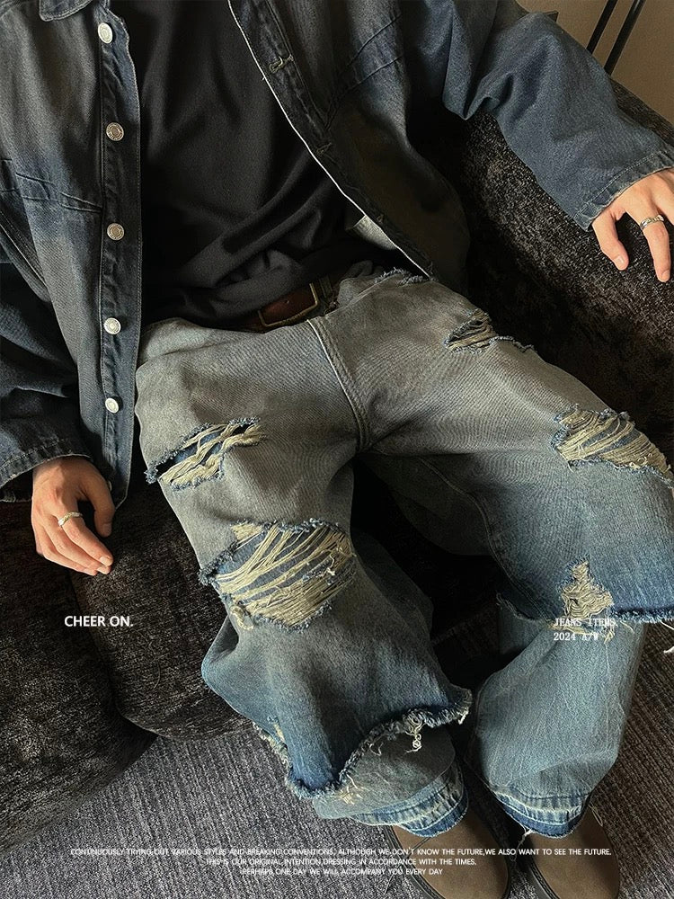 Vintage American Distressed Jeans - Stacked Two-Layer Design Straight-Leg Pants for Men and Women (High-Street Style) T0028