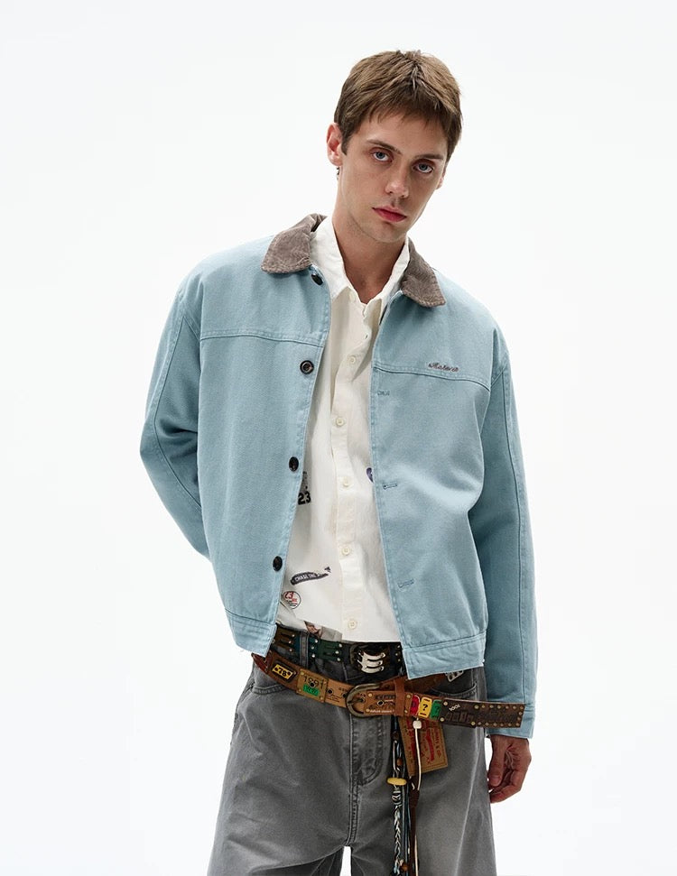 Men’s Color-Block Workwear Jacket – American Retro Contrast Collar Utility Outerwear T0064